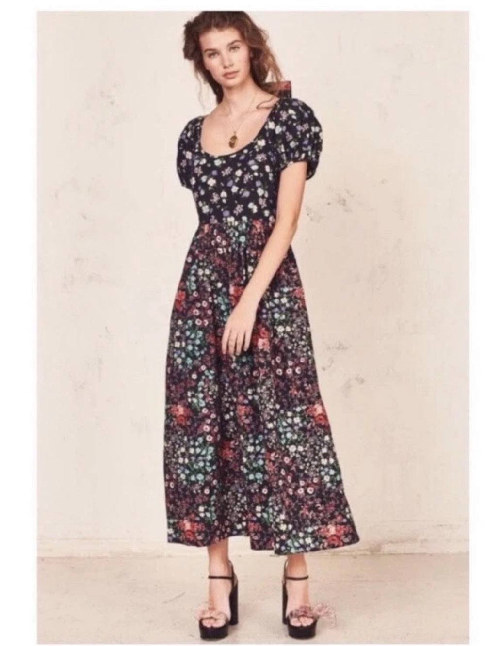 LoveShackFancy Lais Mixed Floral Puff Sleeve Midi Dress - W 8 - Picture 9 of 10